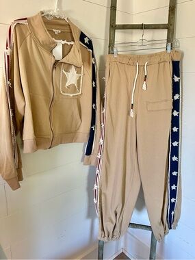 NEW Bestseller: The Americano Track Jacket & Joggers Set Tan Navy & Red Stripes